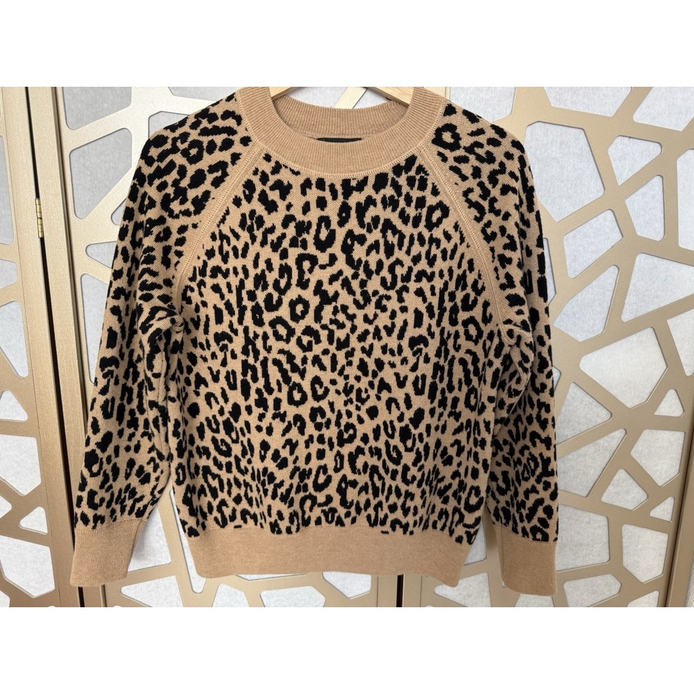 J.Crew Re-Imagined Leopard Print Merino Wool Cotton Sweater Tan Black Small